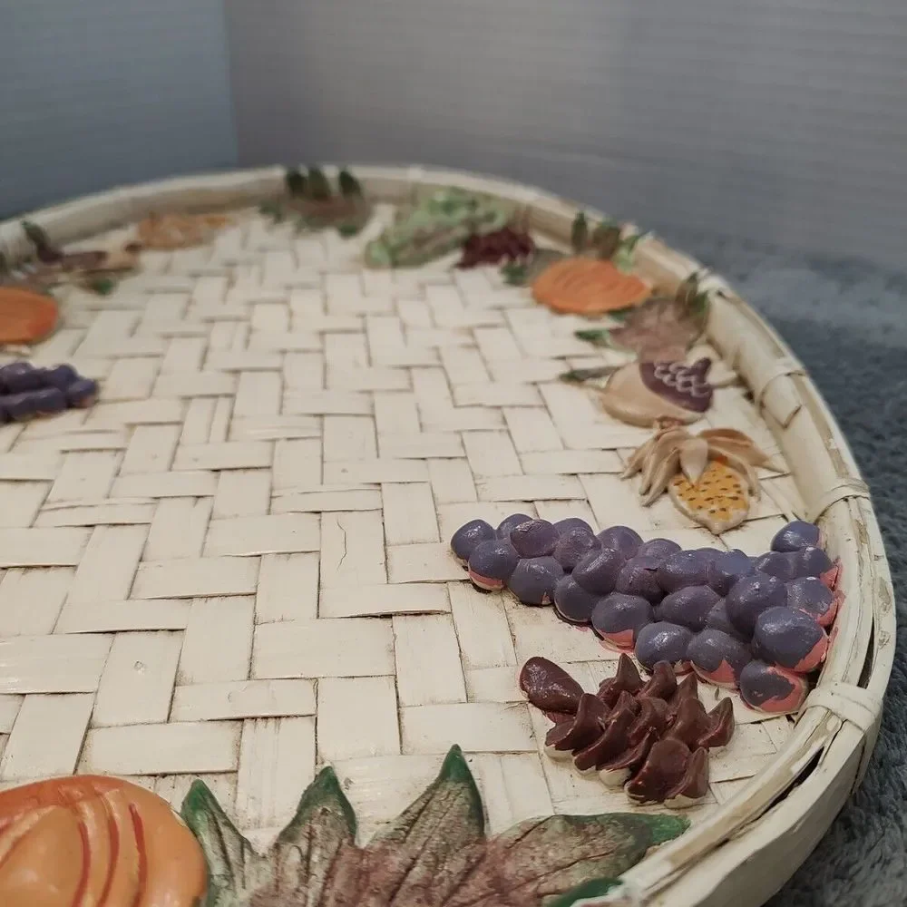 Vtg Woven Basket Platter Fall Fruit Pumpkins Clay Hand Painted Multi Use 14